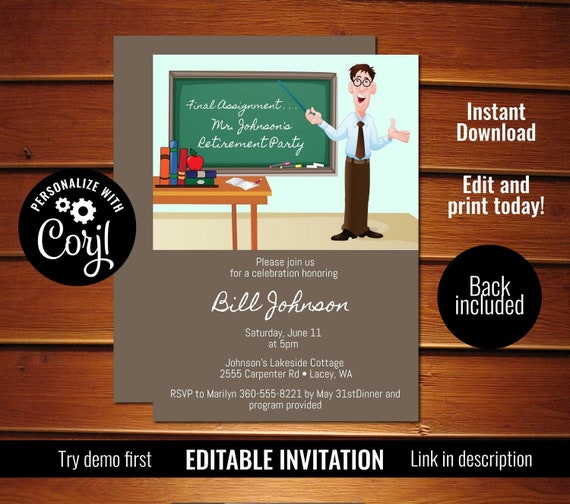 Male Teacher Retirement Invitation, Mens Retirement Party Invites, Printable Il_570xn
