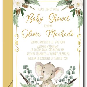 Matching Gold Elephant Baby Shower Invitation