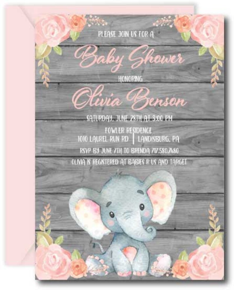 Pink Elephant Baby Shower Invitation Floral Elephant Baby Etsy