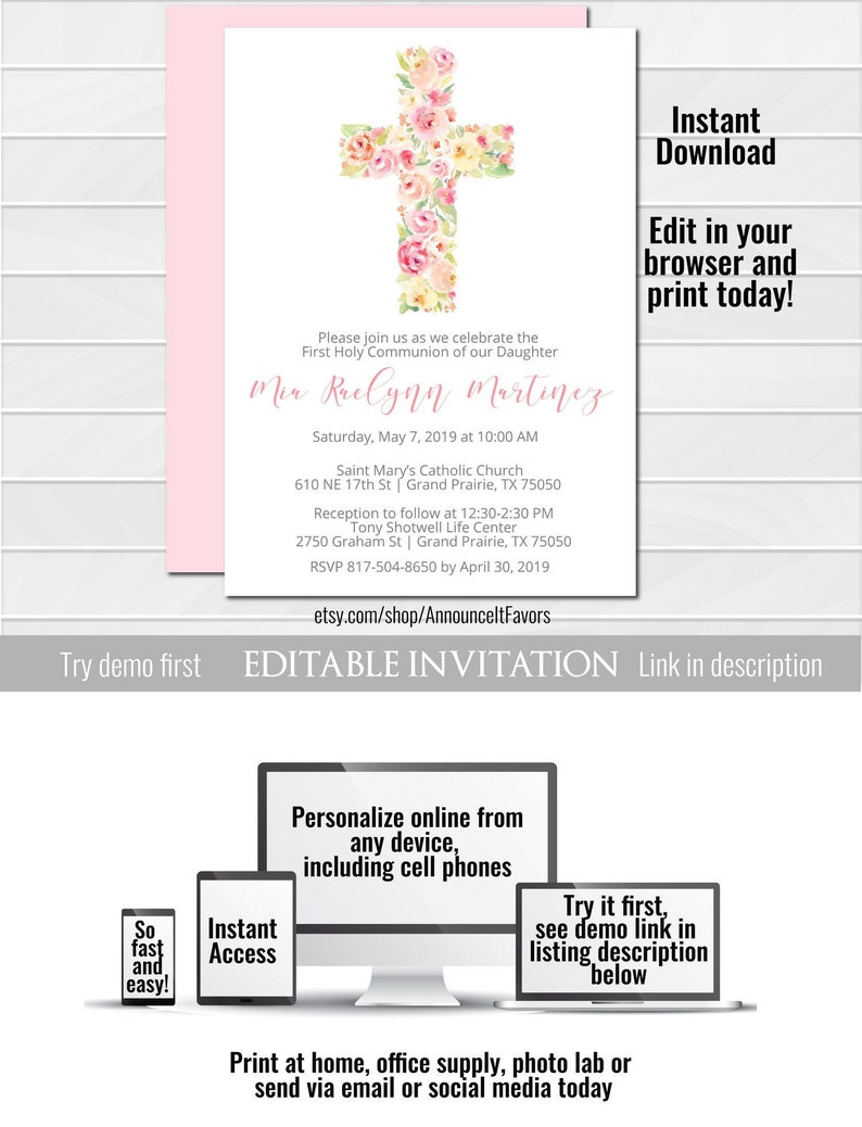 Girl First Holy Communion Invitations First Communion Etsy