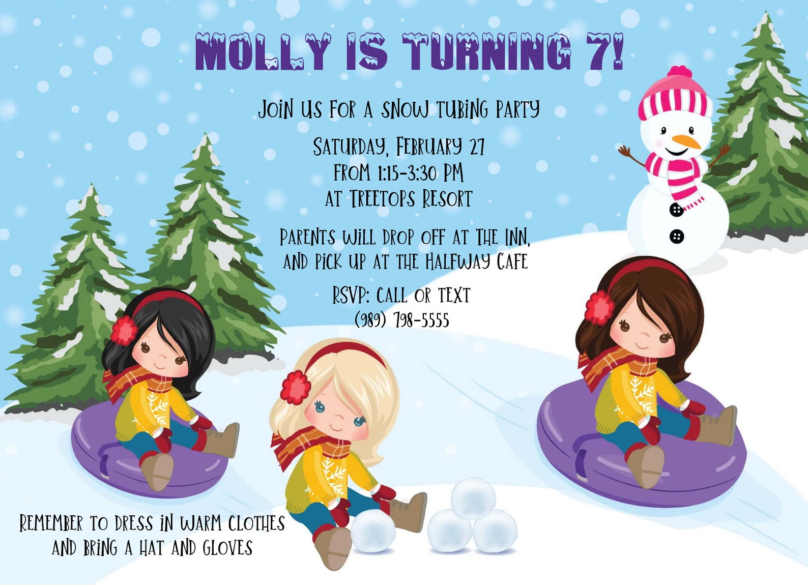 Snow Tubing Invitation Girls Tubing Birthday Party Etsy UK