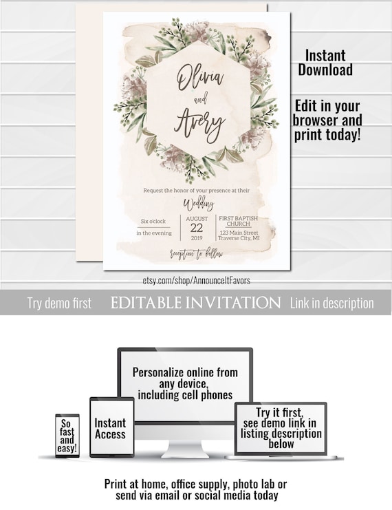 Shabby Chic Wedding Invitation Template, Greenery Wedding Invitation Printable, Instant Download, Editable Template, Corjl Il_570xn