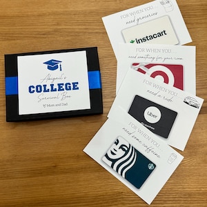 May include: A black box with a blue ribbon and a white label that reads "Abigail's COLLEGE Survival Box." Gift cards for Instacart, Target, Uber, and Starbucks are displayed. The theme is college student essentials.
