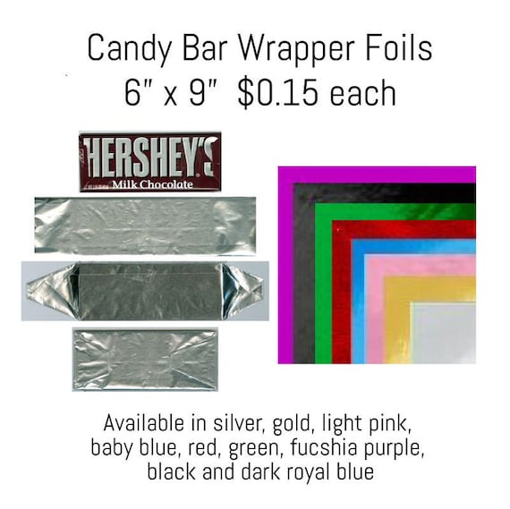 Candy Wrapper Foils, 6"x 9", Minimum order 10 pieces, white backing, wraps a 1.55 oz chocolate bar personalized candy wrapper Il_570xn