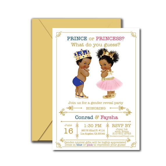 Prince or Princess? Gender Reveal Invitation Printable, African American, Ties or Tutus Baby Shower, Royal Il_570xn