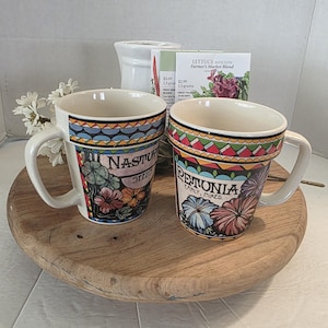 Vintage Giftcraft Seed Packet Mugs Set of 2, Stanley Papel Flower Pot Coffee Cups, Nasturtium & Petunia Floral Ceramic Planter Cups