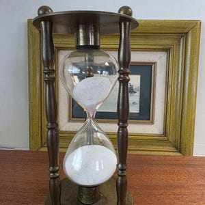 Vintage Brass Nautical Hourglass Sand Timer 6", C. 1970's Maritime Decor, 3 Pillar Hourglass