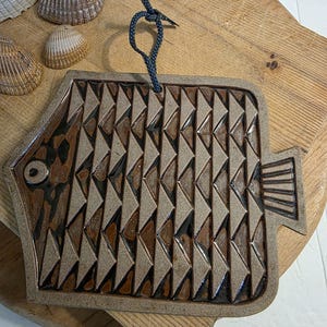 Vintage Japanese Pottery Fish Trivet, Wall Hanging Plaque *1970's Pier 1 Imports Japan Art Studio Stoneware, Geometric Shapes, Mid-Century