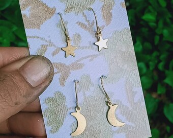 SALE // Dainty Star and Moon Charm Earrings Set // Gold Brass Lightweight Earrings // Mix and Match Earrings// Lightweight Everyday Jewelry