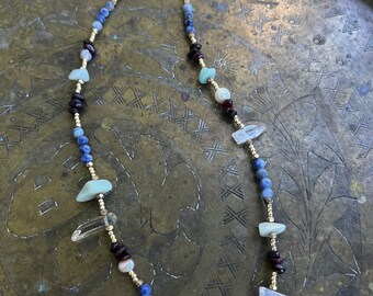 Handmade Beaded Crystal Charm Necklace// Gold Seed Beads Quartz Amethyst Garnet Amazonite Genuine Pearl