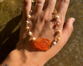 Genuine Pearl and Lotus Carved Carnelian Rosary Necklace