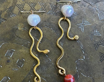 Handmade Brass Snake Dangle Drop Earrings // Genuine Freshwater Pearl // Faceted Carnelian  // Stoned and Charming