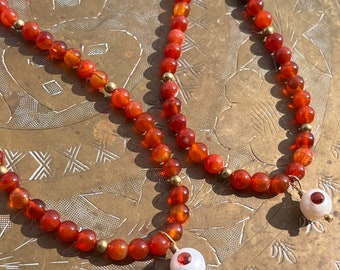 Carnelian Beaded Pearl Necklace // Garnet Pearl Charm Necklace // Layering Beaded Orange and Gold Necklace// Pearl Necklace // Handmade