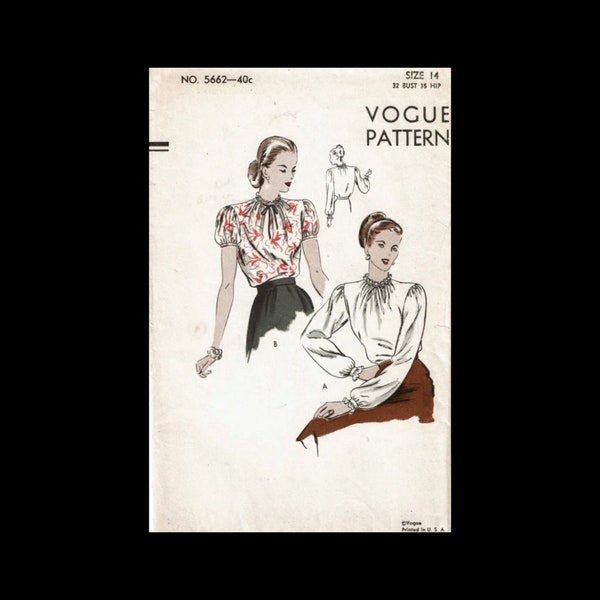 Vintage Sewing Pattern Blouse Pattern 1940s Fashion Vintage Vogue 5662 Rare 1940s Blouse Pattern Complete Copy of Envelope Included