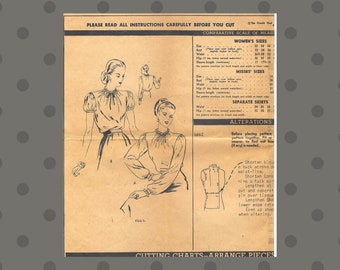 Vintage 1940s Vogue 5662 Blouse Pattern. Unmarked Pattern, Size Unknown. Complete with all Pieces and Instructions, No Envelope.