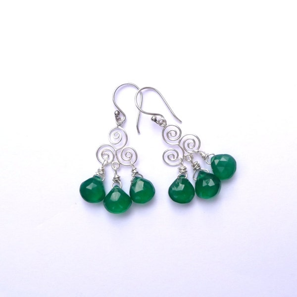 Green Onyx & Sterling Silver Celtic Spiral Earrings - Gemstone Earrings - Silver Earrings - Celtic Jewelry - Gemstone Chandelier Earrings