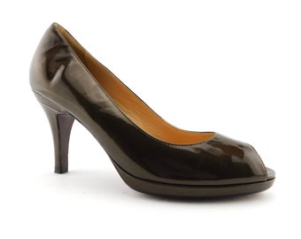 COLE HAAN Size 7 CARMA N. Air Bronze Patent Open Toe Heels Pumps Shoes