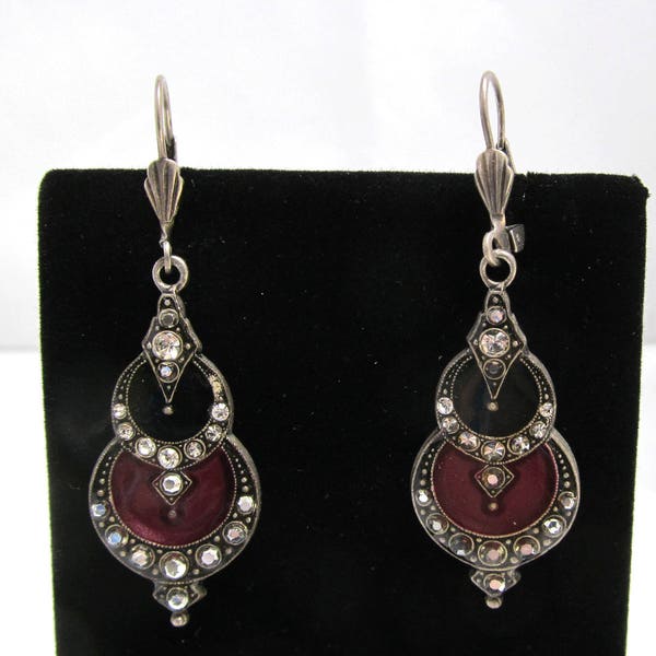 Art Deco Style Drop Earrings Red and Black Rhinestones Lever Back