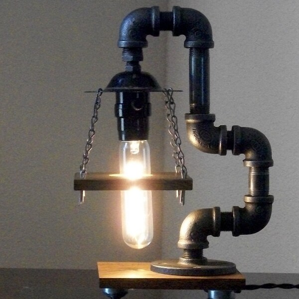 Industrial Art Black Pipe Table Desk Lamp with Reclaimed Hardwood