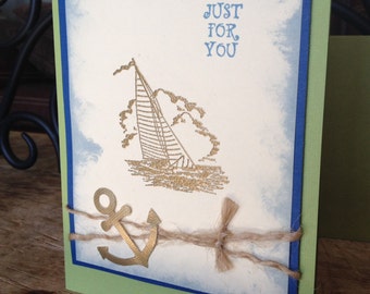 Happy birthday card Boat greeting sailing card handmade stamped Male Female