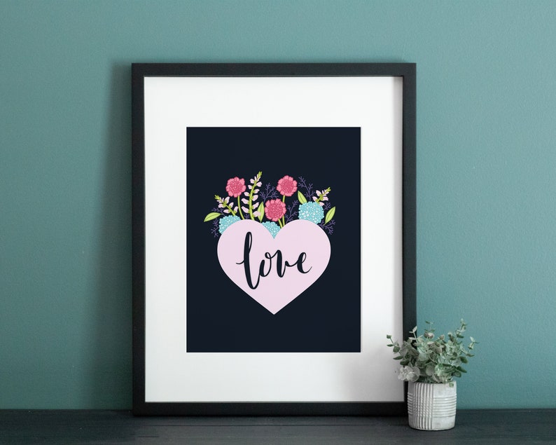 Printable Hand Lettered Floral Heart Love Hi Res Wall Art Etsy