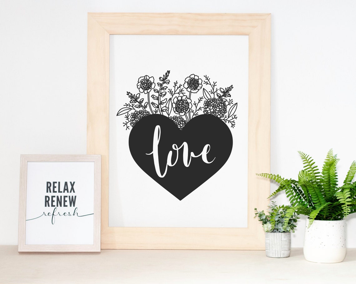 Printable Hand Lettered Floral Heart Love Hi Res Wall Art Etsy