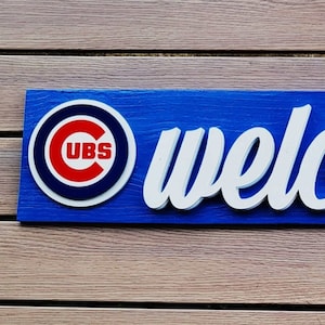 Chicago Cubs &quot;Crawling Cub  & Cubbie&quot; Welcome Sign Wood Decor Sign |  Chicago Cubs Gifts | Chicago Cubs Fan   (FREE SHIPPING)