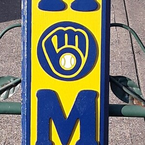 Op de afbeelding: Een houten bord met het woord "HOME" in blauwe letters op een gele achtergrond. De letter "O" is vervangen door het logo van het Milwaukee Brewers honkbalteam, een blauwe handschoen met een witte honkbal. Het bord heeft de tekst "MILWAUKEE BREWERS "HOME" SIGN" bovenaan en "MAKES A GREAT GIFT TOO! FOR BIRTHDAYS, HOUSE WARMING AND CHRISTMAS! (HARDWARE ATTACHED "READY TO HANG")" onderaan.