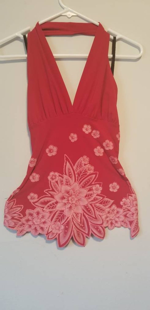 Vintage hand painted hand beaded red halter sz S - image 1