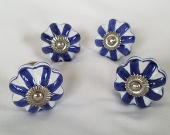 Blue & White Ceramic Knobs, Drawer Knobs, Cabinet Knobs 1 3/4", Hand Painted, Decorative Knobs, Dresser Knobs, Set of 4, Ceramic Knobs,