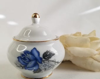Porcelain Blue Rose Trinket Jar, Ring Keeper,