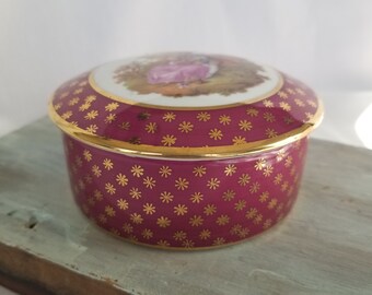 Vintage Round Trinket Box, Limoge France, Porcelain Jar, French Vanity Decor, Jewelry Box Holder, Burgundy w/Stars, 'Courting Lovers'