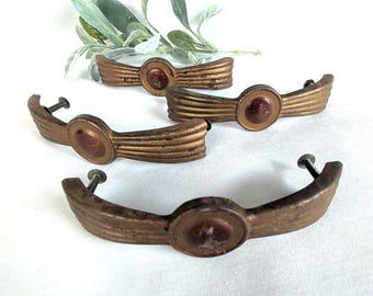 Stamped Brass Drawer Pulls Circa 1920's, Center Circular Emblem, Art Deco Hardware