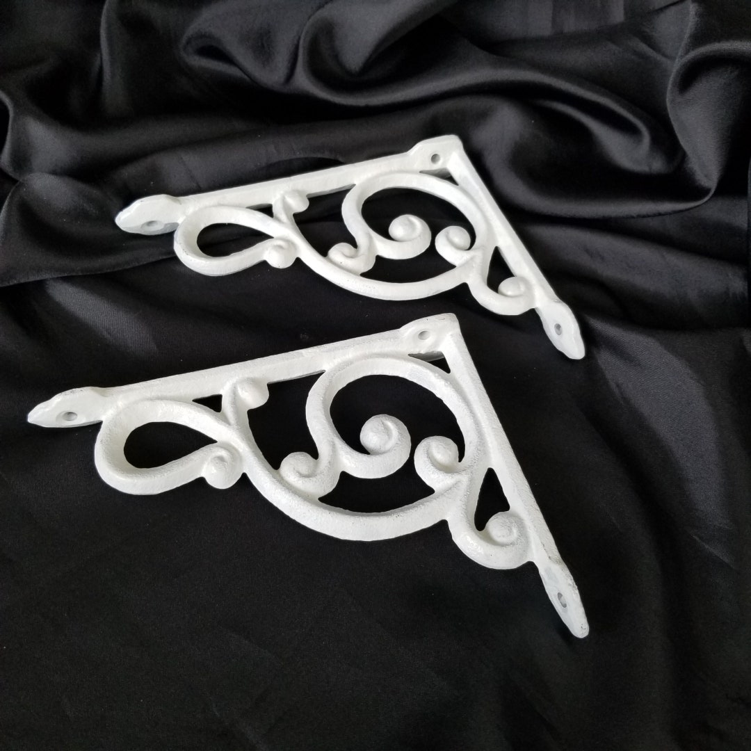 Vintage Shelf Brackets Cast White Scrolled 6 3/4, Corbels, Braces, Pair