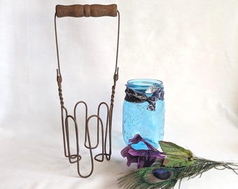 1920's Mason Jar Canning Basket with Wood Handle, Rusty Primitive Flower Vase