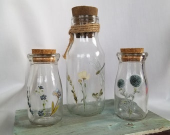 Upcycled Botanical Glass Bottle Set w/Cork Stoppers, Vanity Set, Boudoir Decor, Floral Bottles