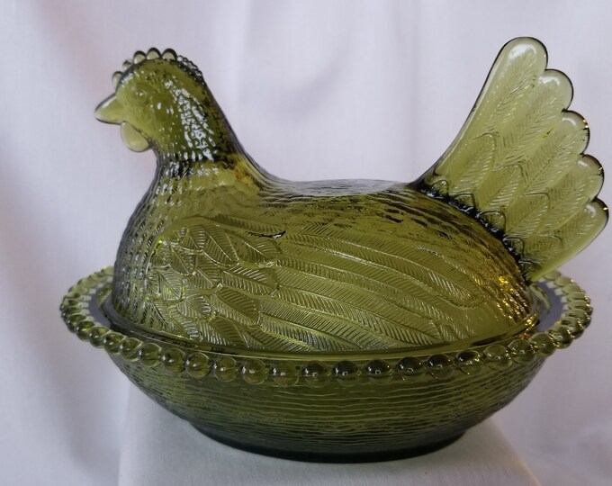 Green Hen on A Nest, Vintage Indiana Glass, Green Glass Chicken, Hen Candy Dish, Hen Nut Dish