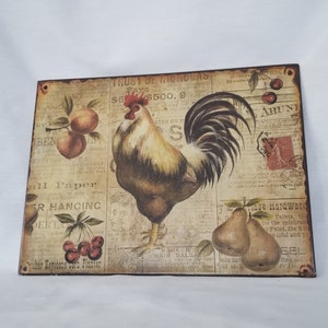 Metal Rooster Sign Farm Country Decor, Vintage Background with Fruit Image, 14&quot;, Metal Wall Art, Farmhouse Sign Decor, Country Kitchen