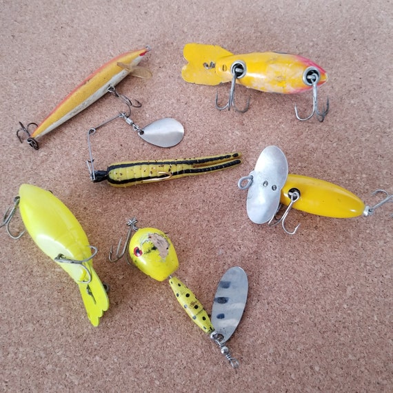 Yellow Vintage Fishing Lures Tackle, Spinners and Plugs, Lot of 6