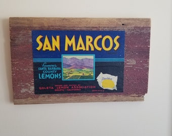 Barnwood Crate Label Sign, Sunkist Lemons Brand Label Wood Sign, San Marcos Retro Decor, Santa Barbara, Vintage Kitchen Signs, Retro Decor