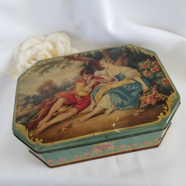 Vintage Manhattan Nut Co Inc Tin, French Provincial Decor, Deluxe Mixed Nuts, Melody by Boucher, Retro, Shabby Chic,