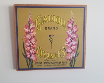 Vintage Crate Label Sign, Gladiola Brand Oranges Label Wood Sign, Gladiola Retro Decor, Vintage Kitchen Signs, Retro Decor