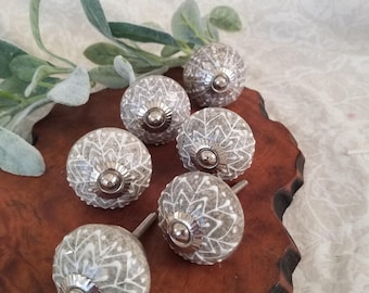 Gray Marbled Ceramic Cabinet Drawer Knob Pulls with Hand Painted Design,