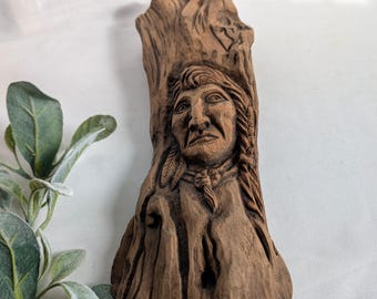 Native American Face Wood Spirit Hand Carved Sculpture  13", Vintage Indian, Indian Folk Art