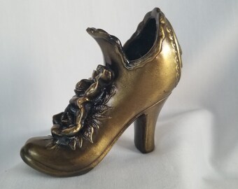 Bronze Shoe Figurine with Raised Roses, Floral Bronze Shoe, Vintage Shoe Figurine, Shoe Lovers Gift, Collectible Shoes, Stamped S.C.C.