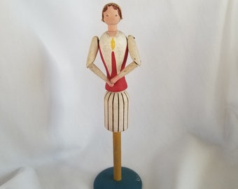 Swedish Wooden Doll, Folk Art Wooden Doll, Napkin Hankie Holder, Turned Wood, Articulated Arms, Vintage Folk Art, Pin Jointed, Ostergolland