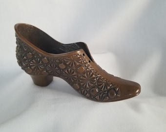 Bronze Cast Metal Shoe Figurine, Lace up, Floral Design, Old Fashioned Shoe, Vintage Shoe Figurine,