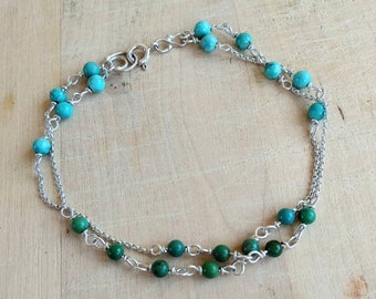 Turquoise Gemstone Bracelet; Sterling Silver, Real Turquoise Beads, Multi Stone Bracelet,