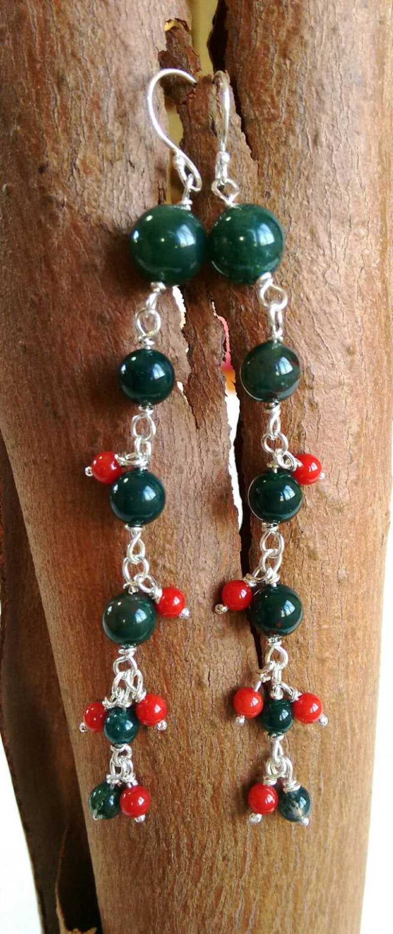 Green Moss Agate Earrings Red Coral Sterling Silver Fun Earrings.