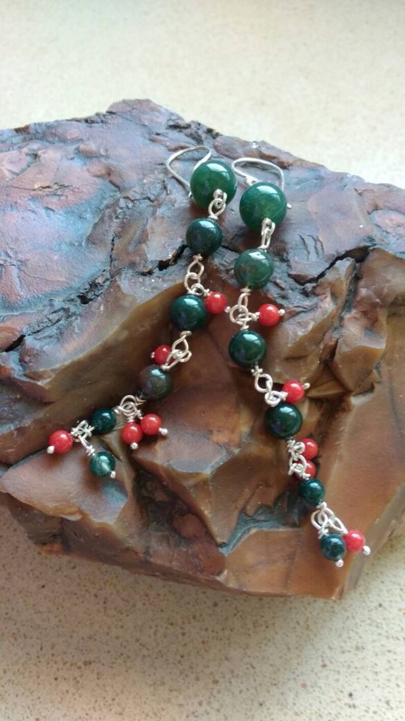 Green Moss Agate Earrings Red Coral Sterling Silver Fun Earrings.